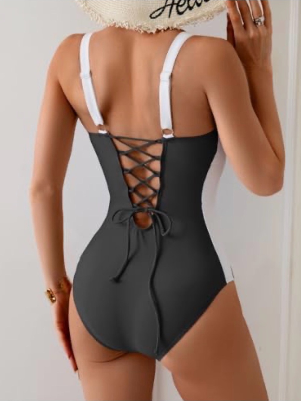Eomenie One Piece Swimsuit Lace-Up Back Colorblock Waist Slimming Black White M